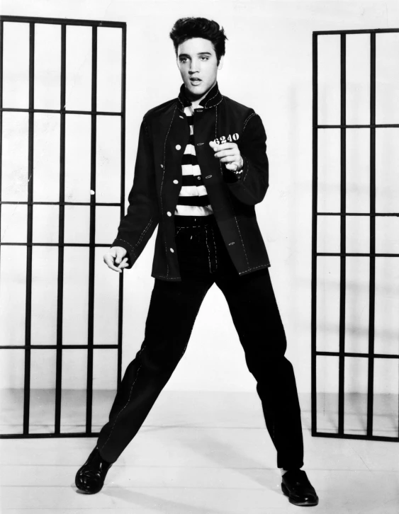 a black and white photo of elvis elvis elvis elvis elvis elvis elvis elvis elvis elvis elvis elvis, by Dave Melvin, with prison clothing, black vertical slatted timber, t - pose, enes dirig