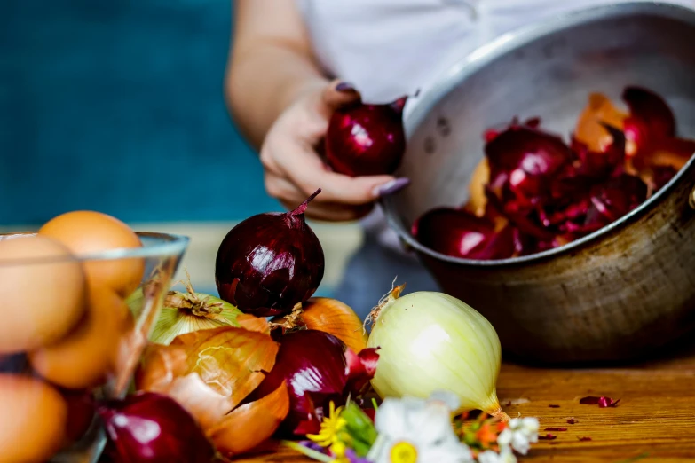 a bowl of onions sitting on top of a wooden table, by Julia Pishtar, unsplash, process art, cutting a salad, multicoloured, medieval feast, avatar image