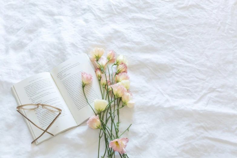 a book sitting on top of a bed next to a bunch of flowers, pexels contest winner, white-space-surrounding, white and pink, background image, linen