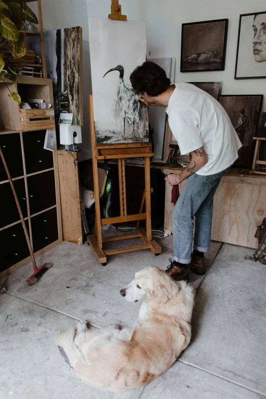 a man standing next to a dog in a room, a photorealistic painting, arbeitsrat für kunst, tending on art station, gif, on a canva, bum