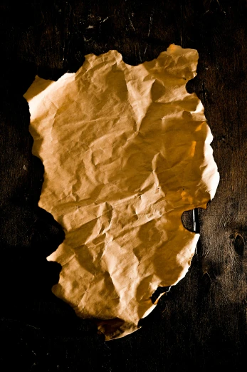 a piece of paper sitting on top of a wooden table, by Daniel Seghers, trending on pexels, renaissance, cracked varnish, brown background, abstract claymation, sail made of human skin