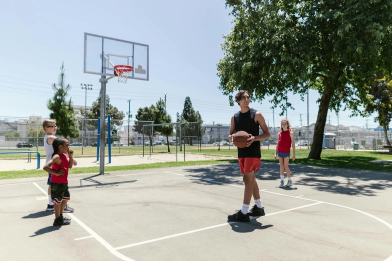 a group of people playing a game of basketball, lachlan bailey, sunny day time, profile image, los angelos