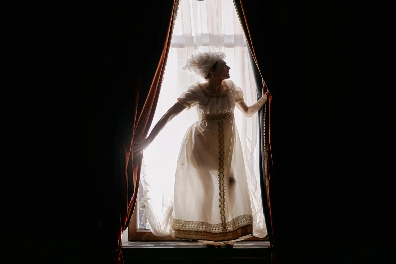 a woman that is standing in front of a window, an album cover, inspired by Thomas Stothard, pexels contest winner, set photograph in costume, dramatic backlight, regency-era, shot on hasselblad