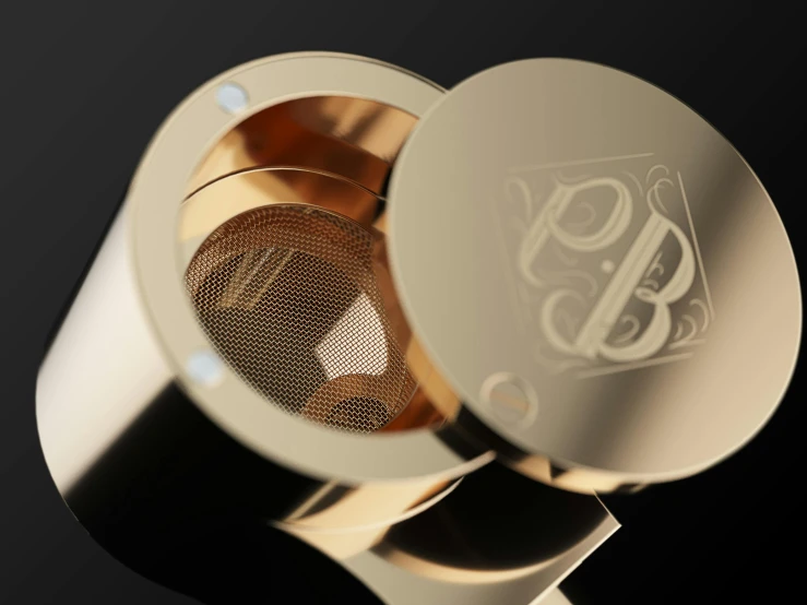 a close up of a tea strainer on a table, inspired by Eugène Brands, behance contest winner, private press, monogram, golden smooth material, pbr material, speakers