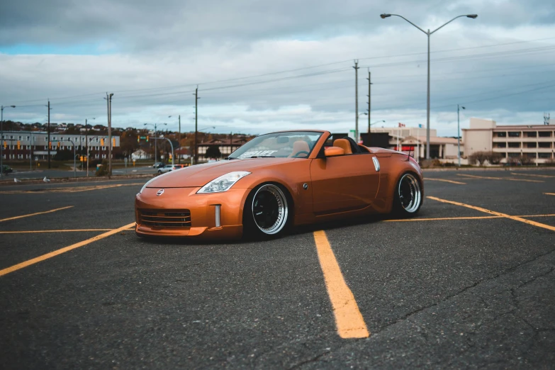 an orange sports car parked in a parking lot, a portrait, unsplash, brown, thicc build, japanese drift car, ultra nd