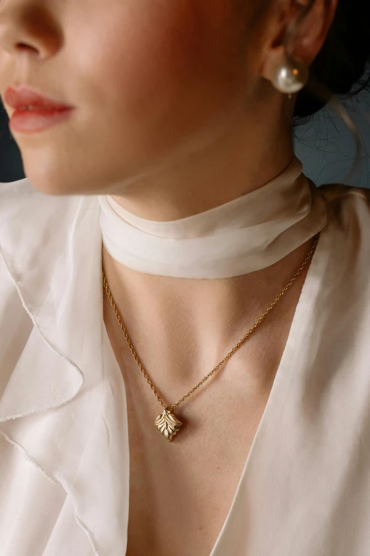 a close up of a person wearing a necklace, inspired by Alexandre Cabanel, gold hour light, square, romantic lead, small