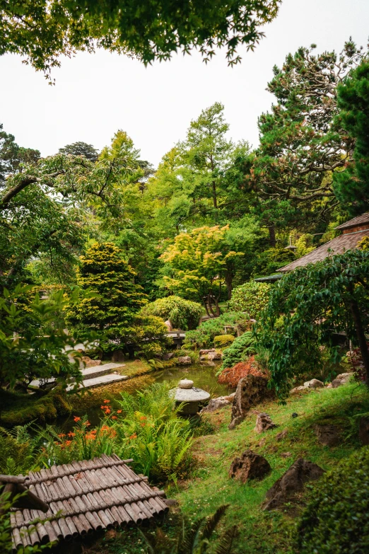 a gazebo sitting on top of a lush green hillside, inspired by Saneatsu Mushanokōji, unsplash, shin hanga, garden pond scene, 2 5 6 x 2 5 6 pixels, san francisco, bonsai trees