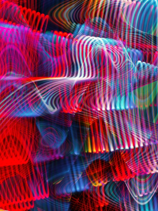 a close up of a person holding a cell phone, a digital rendering, inspired by Bruce Munro, pexels, generative art, swirly vibrant ripples, red and blue neon, long exposure photograph, dancing lights