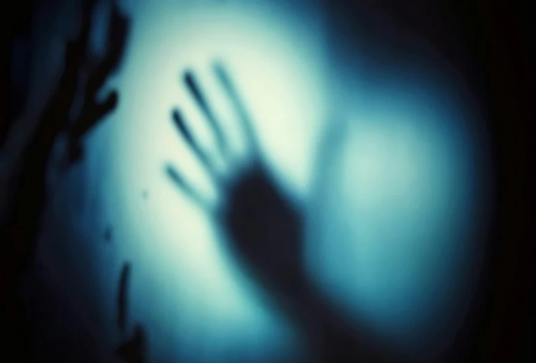 a shadow of a hand on a wall, shutterstock, conceptual art, transparent ghost screaming, dark tenebrous blue background, hziulquoigmnzhah, blurred