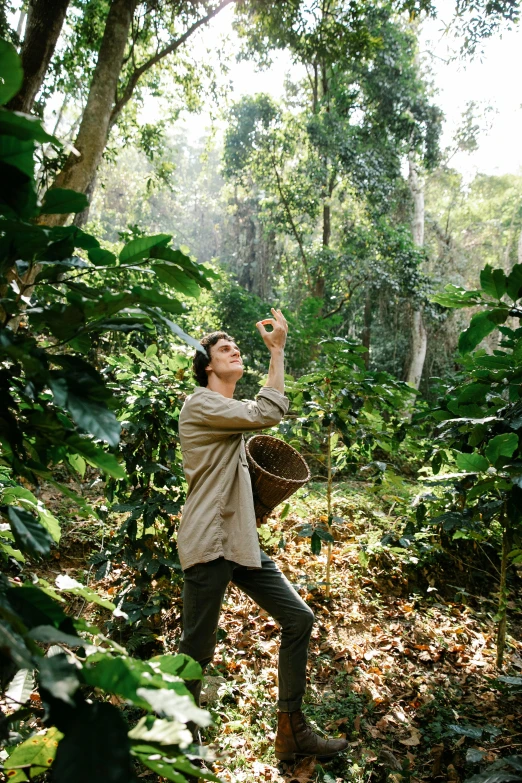 a man standing in the middle of a forest, inspired by Ceferí Olivé, happening, coffee, picking up a can beans, conde nast traveler photo, andrew garfield