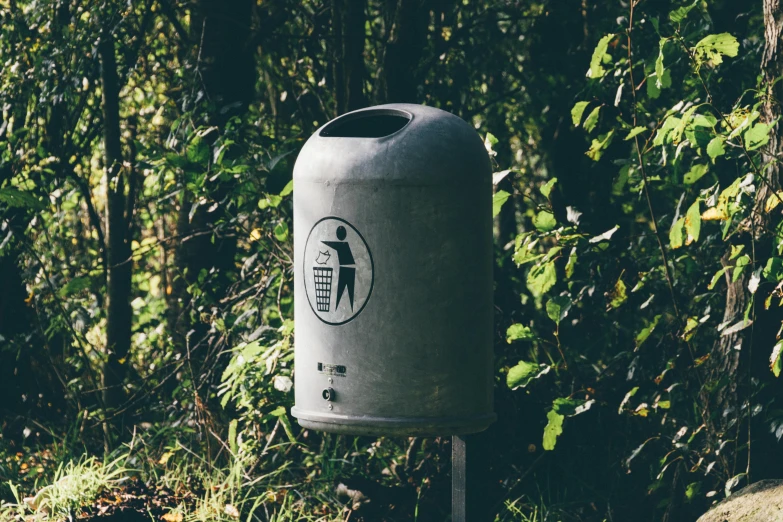 a trash can sitting in the middle of a forest, unsplash, environmental art, letterbox, grey metal body, icon, silo