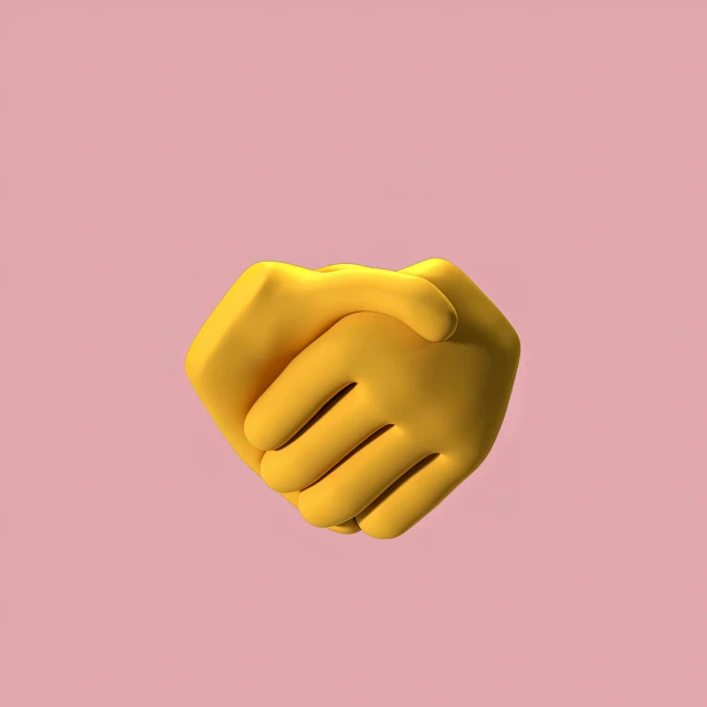 two hands shaking each other on a pink background, an album cover, by Alexis Grimou, trending on pexels, aestheticism, yellow latex gloves, 3d characters, clenched fist, heart of the internet