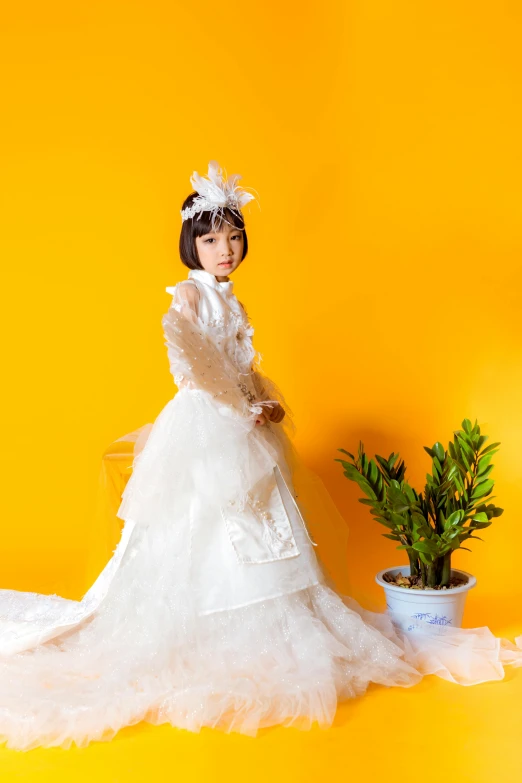 a woman in a wedding dress standing next to a potted plant, an album cover, inspired by Huang Ji, trending on cg society, rococo, ball jointed doll, little kid, young asian girl, 5 years old