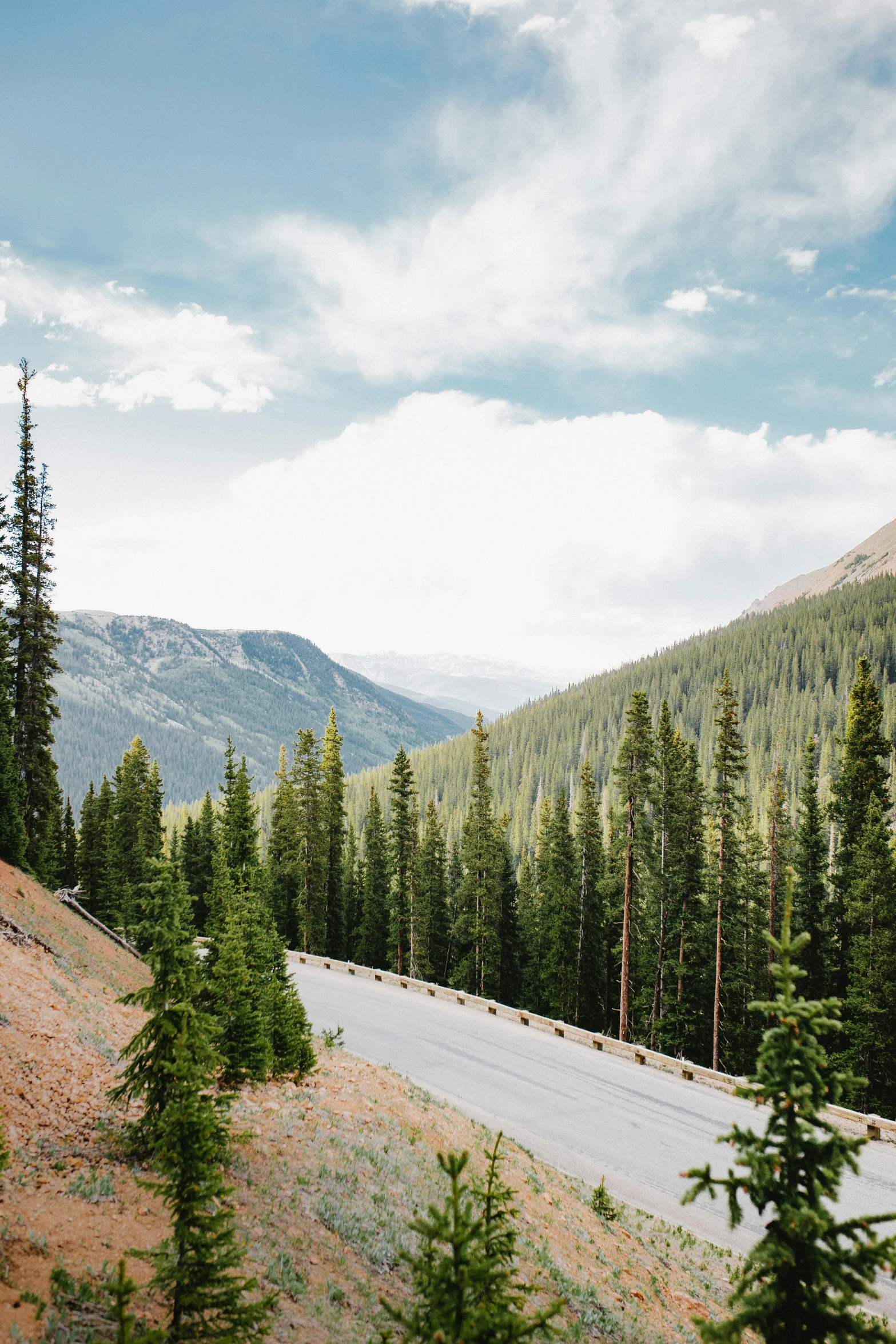 a man riding a motorcycle down the side of a road, by Emma Lampert Cooper, trending on unsplash, beautiful pine tree landscape, colorado mountains, multiple stories, 2000s photo