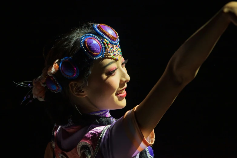 a close up of a person wearing a costume, inspired by Lan Ying, under a spotlight, tribal dance, family friendly, units