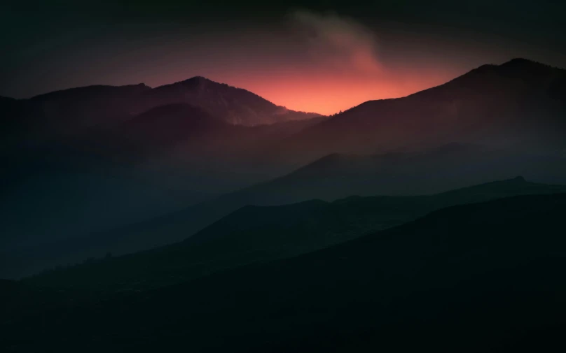 the sun is setting over a mountain range, a matte painting, unsplash contest winner, romanticism, gradient red to black, lpoty, dramatic lighting - n 9, alessio albi