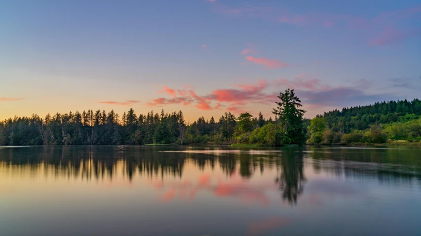 a large body of water surrounded by trees, by Jan Rustem, pexels contest winner, pink sunset hue, pacific northwest coast, in a park and next to a lake, sunset panorama