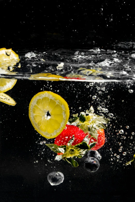 strawberries and lemons are falling into the water, a still life, by Paul Emmert, pexels, slide show, deep contrast, f/8, mixed art