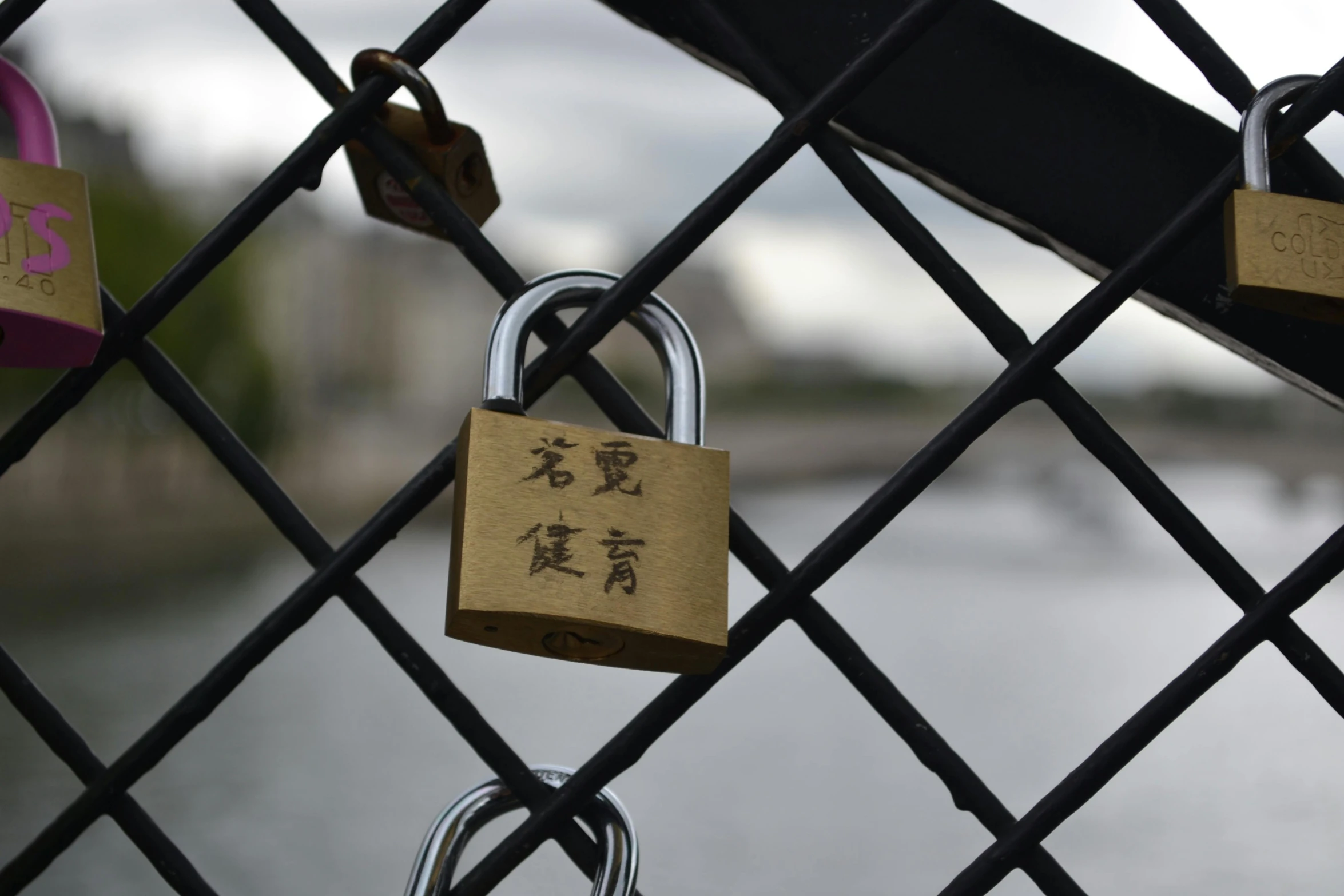 a number of padlocks attached to a fence, an album cover, unsplash, temporary art, golden chinese text, from louvre, 2 0 7 7, bridges
