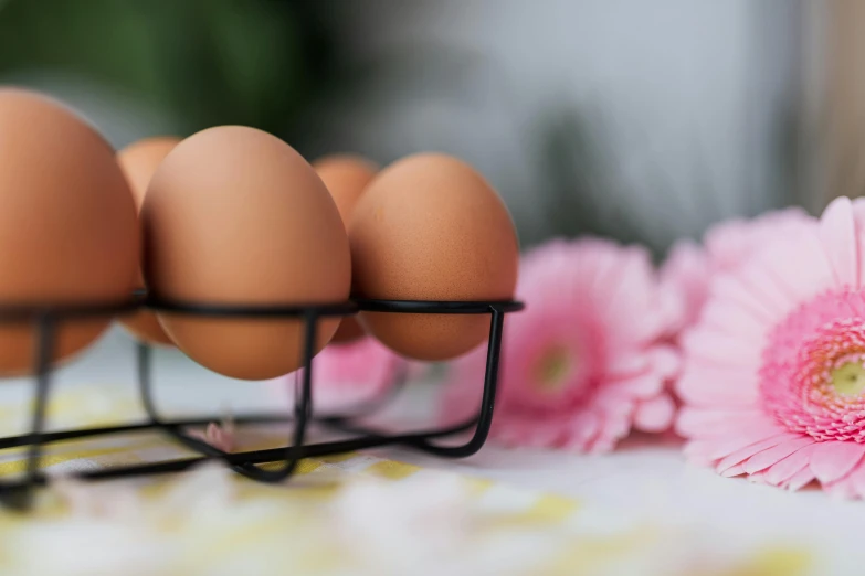 a bunch of eggs sitting on top of a table, by Sylvia Wishart, pexels contest winner, flowers in background, 🎀 🗡 🍓 🧚, newton's cradle, cooking