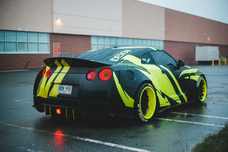 a yellow and black sports car parked in a parking lot, inspired by An Gyeon, pexels contest winner, hyperrealism, anime car wrap, lit from behind, samurai vinyl wrap, green neon