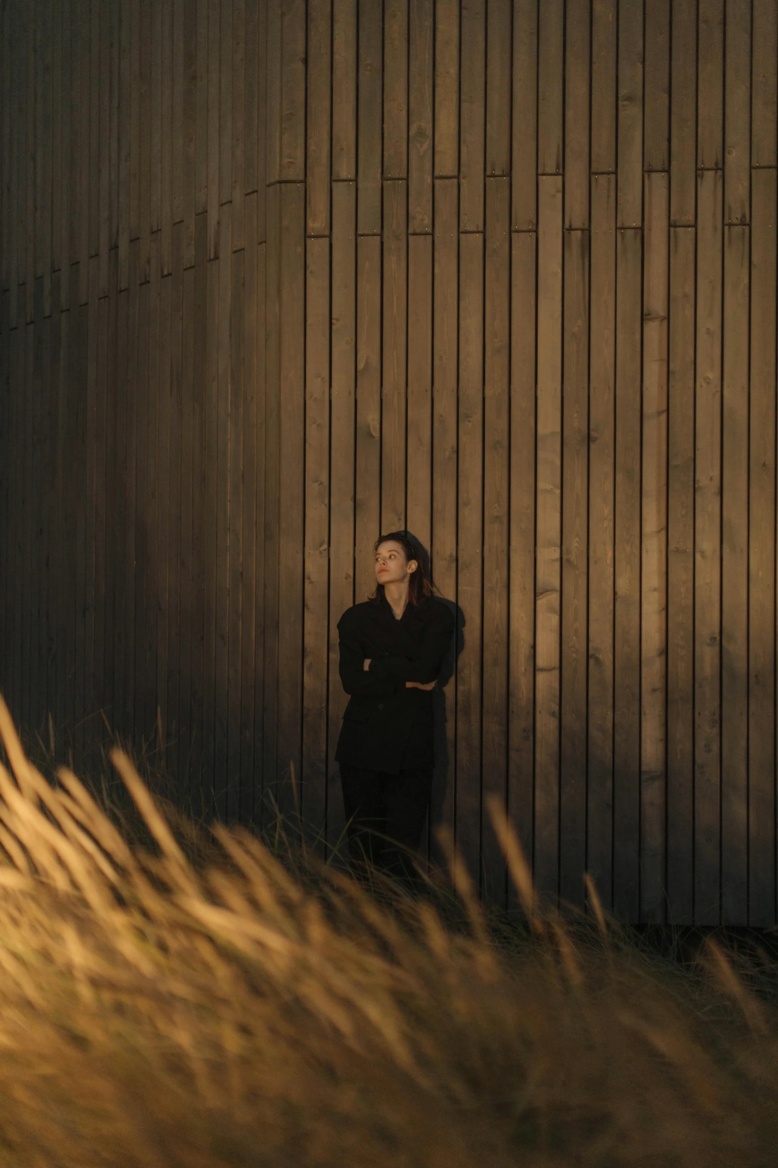 a man standing in front of a wooden wall, sun behind her, lena oxton, dark. no text, in a field