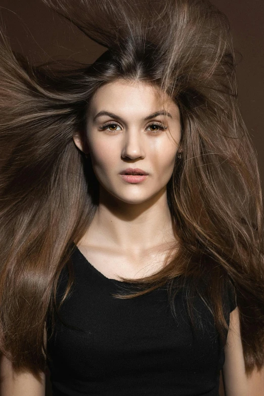 a woman with her hair blowing in the wind, trending on pexels, renaissance, studio lighting”, center parted brown hair, full product shot, hair : long brown