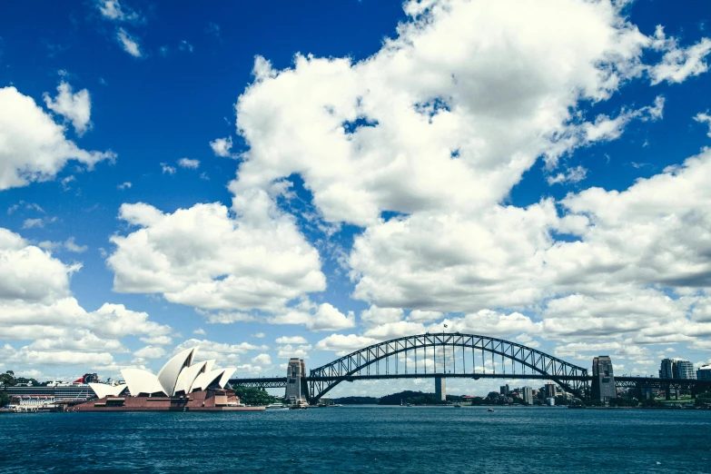 a large body of water with a bridge in the background, inspired by Sydney Carline, pexels contest winner, hurufiyya, ceremonial clouds, 15081959 21121991 01012000 4k, harbour, several continents