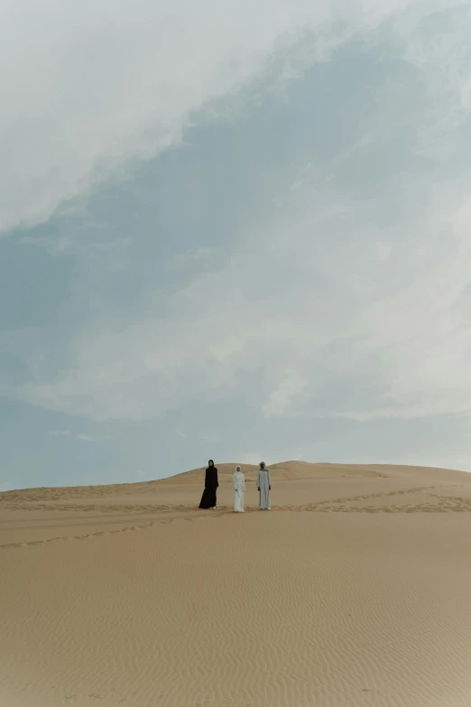 a couple of people that are standing in the sand, by Daren Bader, trending on unsplash, clad in robes, on a desolate plain, lawrence of arabia, wedding
