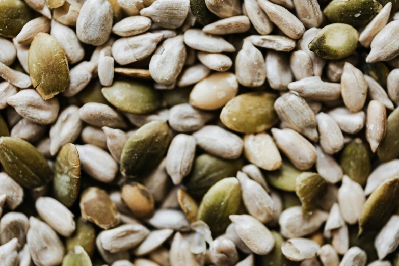 a close up of a pile of sunflower seeds, by Emma Andijewska, trending on pexels, hemp, background image, instagram post, snacks