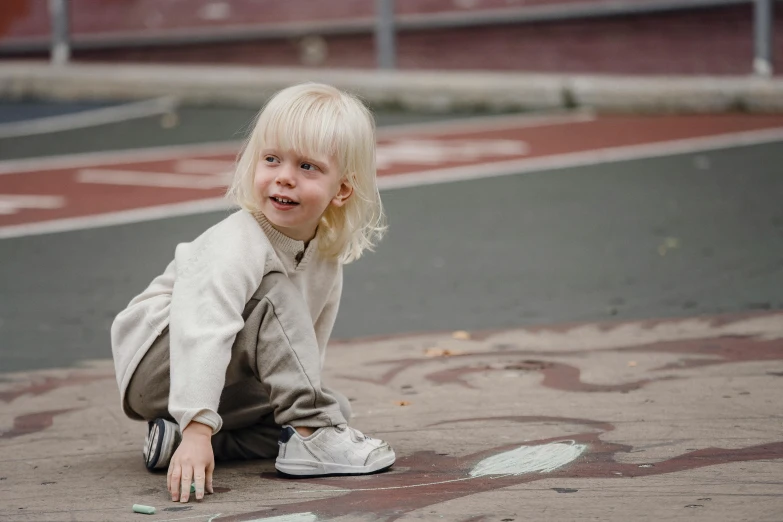 a little girl that is sitting on the ground, chalk art, by Terese Nielsen, pexels contest winner, small blond goatee, 15081959 21121991 01012000 4k, in a square, schools