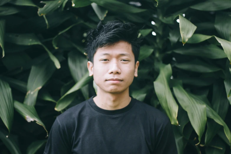 a man in a black shirt standing in front of a bush, unsplash, shin hanga, headshot profile picture, set on singaporean aesthetic, slightly pixelated, around 1 9 years old