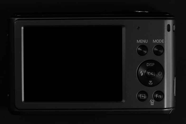 a close up of a camera on a black background, black interface, psp, facing away from the camera, lcd screen