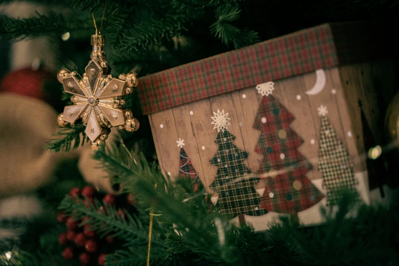 a wooden box sitting on top of a christmas tree, an album cover, by Emma Andijewska, pexels contest winner, folk art, patterned, closeup, thumbnail, christmas night