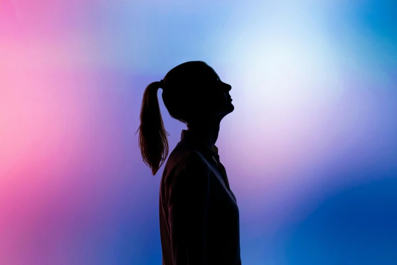 a silhouette of a woman holding a tennis racquet, by Rachel Reckitt, light and space, pink and blue lighting, young woman looking up, profile image, from the distance