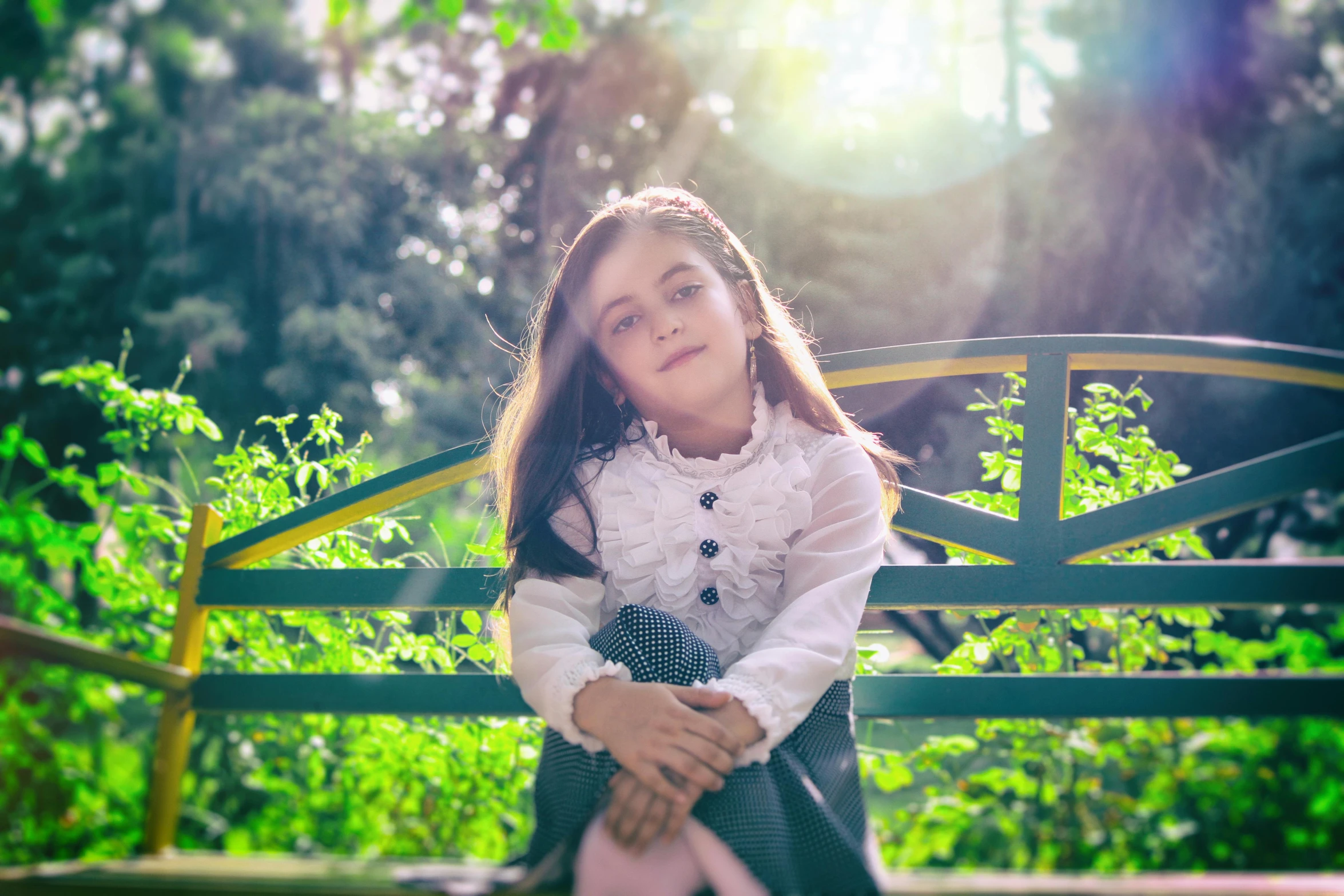 a little girl sitting on a bench in a park, a picture, inspired by Nazmi Ziya Güran, stunning sunny lighting, avatar image