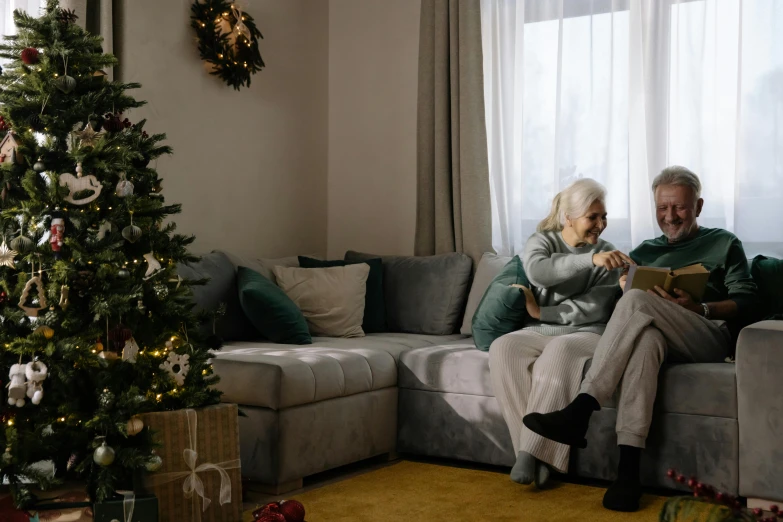 a man and woman sitting on a couch in front of a christmas tree, pexels contest winner, hurufiyya, elderly woman, profile image, comforting and familiar, sitting across the room