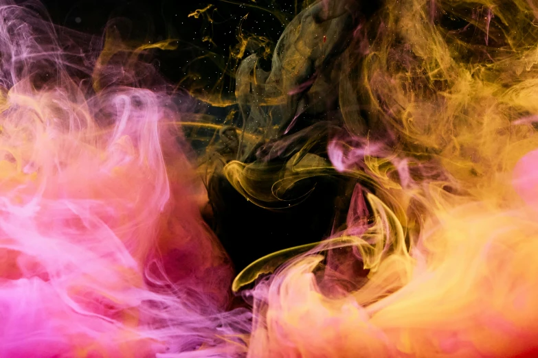 a close up of colored smoke on a black background, inspired by Kim Keever, pexels, pink and orange colors, liquid gold, illustration »