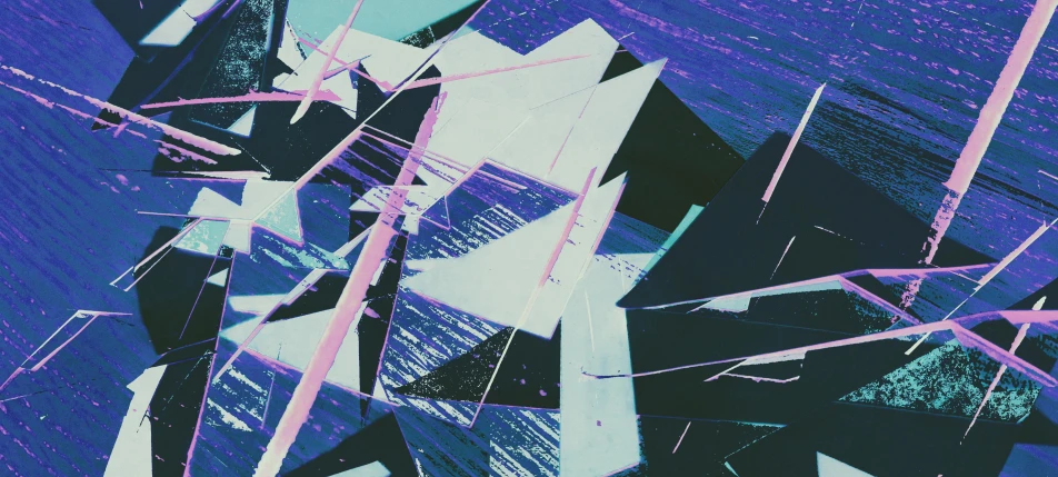 a bunch of pieces of glass sitting on top of a table, a microscopic photo, inspired by Attila Meszlenyi, unsplash, crystal cubism, vhs overlay, purple shattered paint!, abstract flat colour, fractalpunk