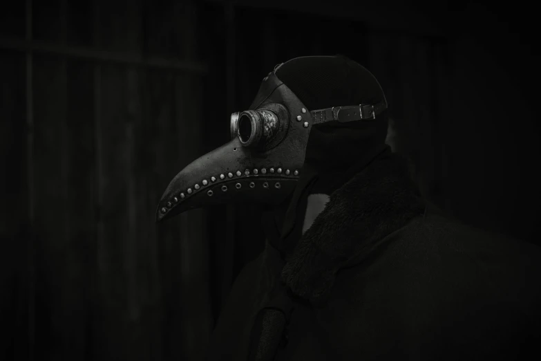 a black and white photo of a plague mask, by Adam Marczyński, pexels contest winner, anthropomorphic penguin, black draconic - leather, takato yomamoto. 4 k, discord profile picture