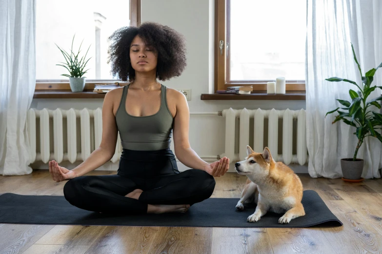 a woman sitting on a yoga mat next to a dog, trending on pexels, renaissance, nathalie emmanuel, meditating in lotus position, low quality photo, acupuncture treatment