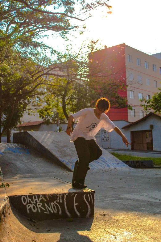 a man riding a skateboard up the side of a ramp, happening, in sao paulo, lush surroundings, profile image, in a square