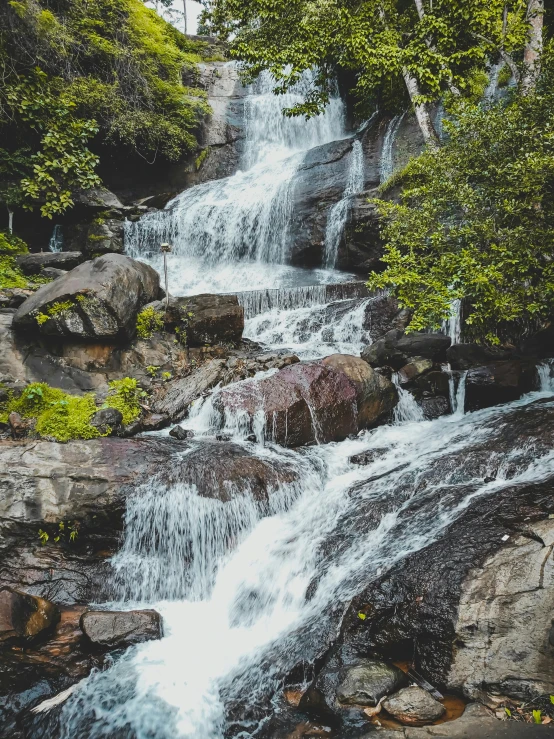 a waterfall flowing through a lush green forest, an album cover, pexels contest winner, uttarakhand, 2 5 6 x 2 5 6 pixels, today\'s featured photograph 4k, candid photograph