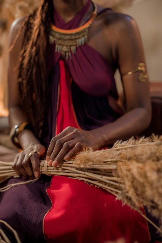 a woman in a red and purple dress sitting down, inspired by Afewerk Tekle, pexels contest winner, dried palmtrees, weaving, holding khopesh, detail shot