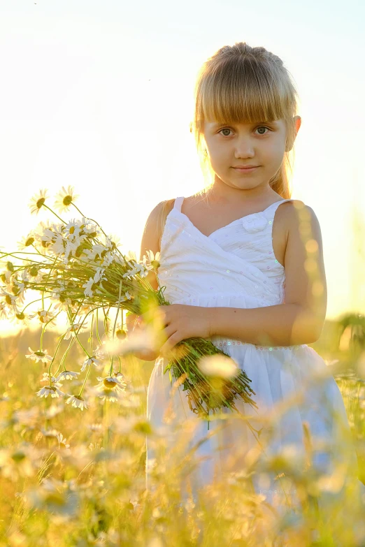 a little girl holding a bunch of flowers in a field, a picture, sunny lighting, commercially ready, white, best selling