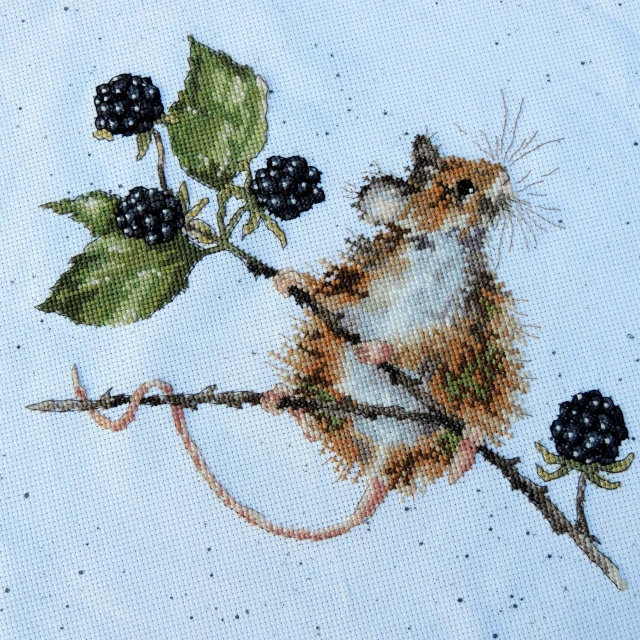 a close up of a mouse on a branch with berries, a cross stitch, by Helen Biggar, closeup at the food, sitting on a curly branch, seeds, squashed berries dripping