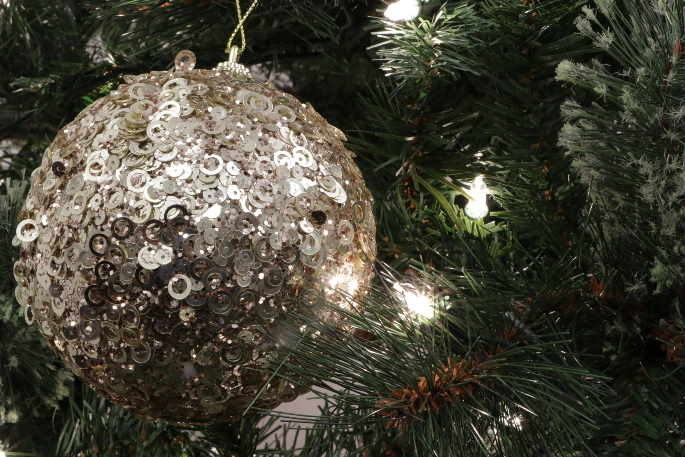 a silver ornament hanging from a christmas tree, pexels, sequins, photo of a dyson sphere, rustic, photorealistic detail