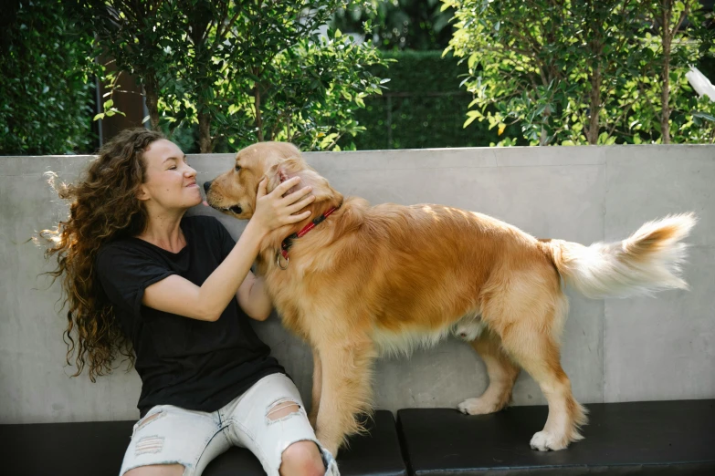 a woman sitting on a bench petting a dog, pexels contest winner, golden retriever, australian, 15081959 21121991 01012000 4k, sitting on a couch