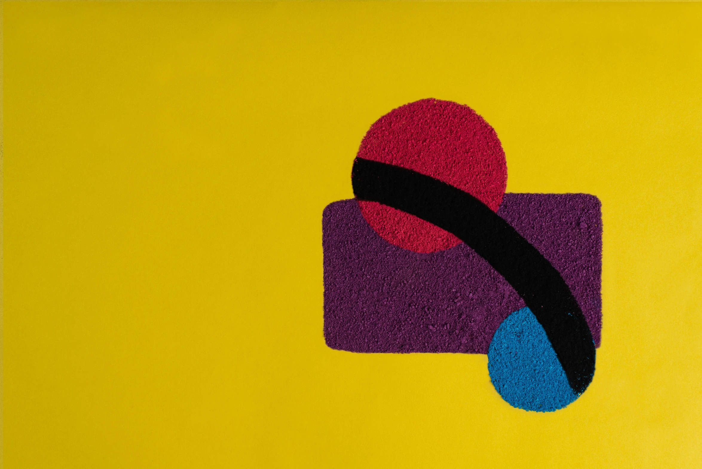 a painting of a red and blue object on a yellow background, inspired by Patrick Caulfield, suprematism, yellow purple green black, felt, carpet, texture detail