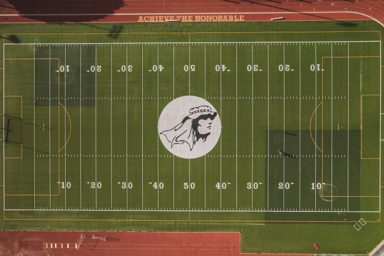 an aerial view of a football field, a digital rendering, by Sam Black, reddit, high school mascot, profile image, helipad, promo image